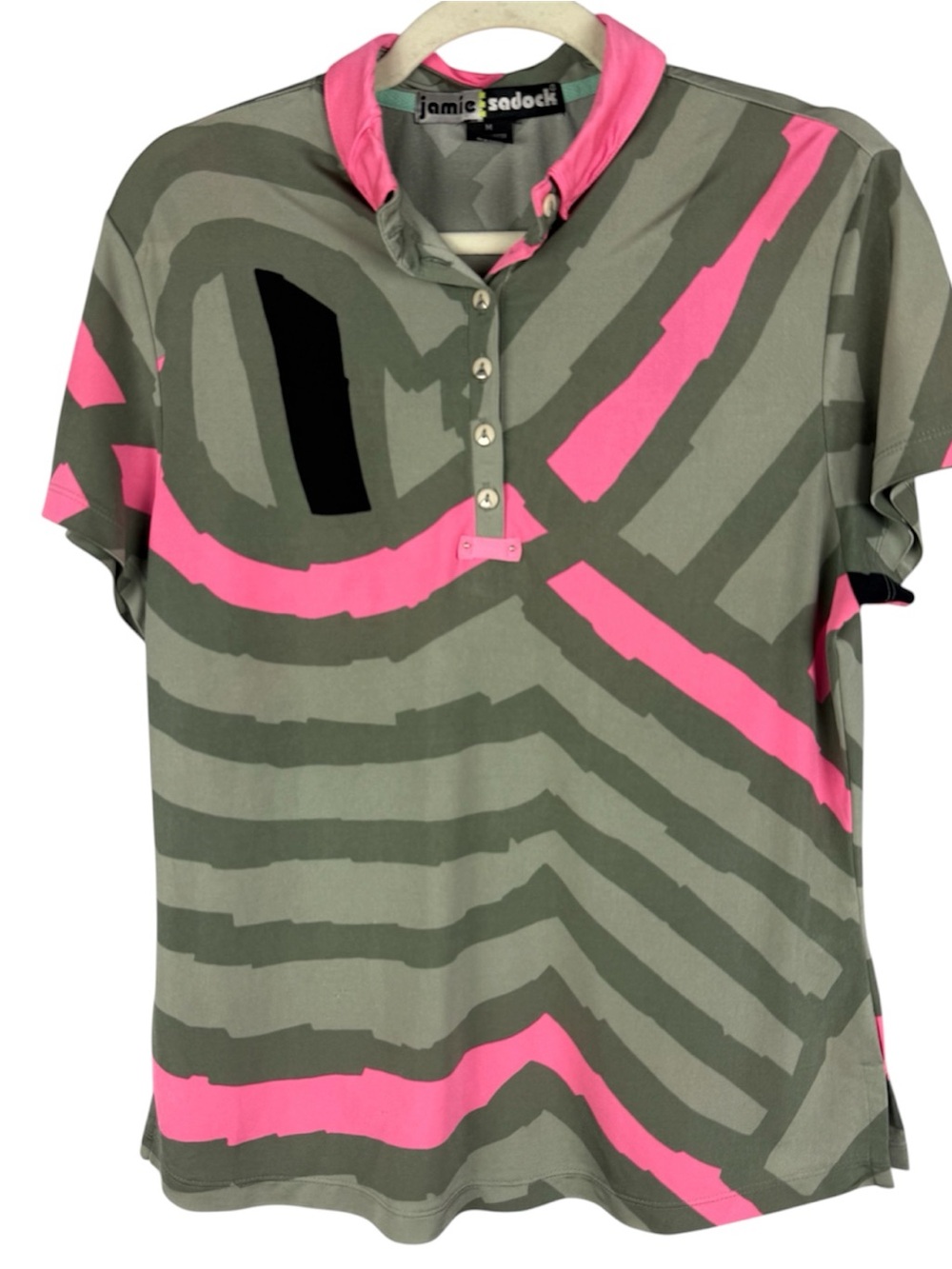 Jamie Sadock Medium Short Sleeve Golf Polo Shirt Pink Olive Abstract Print
